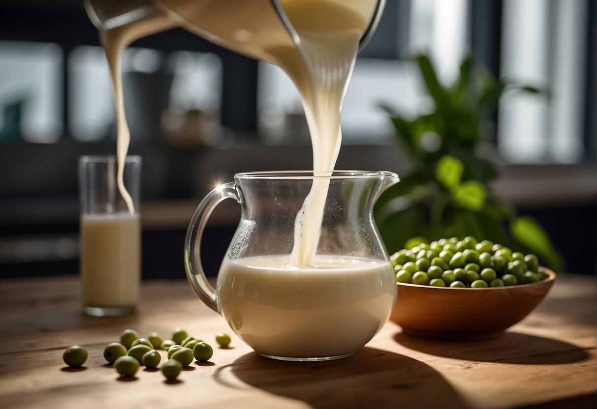 A pitcher of fresh soy milk being poured into a glass, with a bowl of soybeans and a strainer nearby for storage