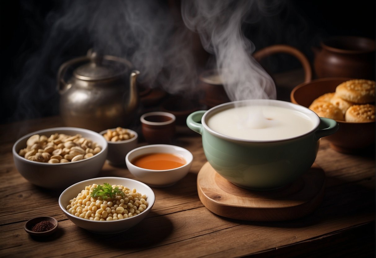 A steaming pot of freshly made Chinese soy milk sits on a rustic wooden table, surrounded by small bowls of condiments and a stack of traditional Chinese breakfast dishes
