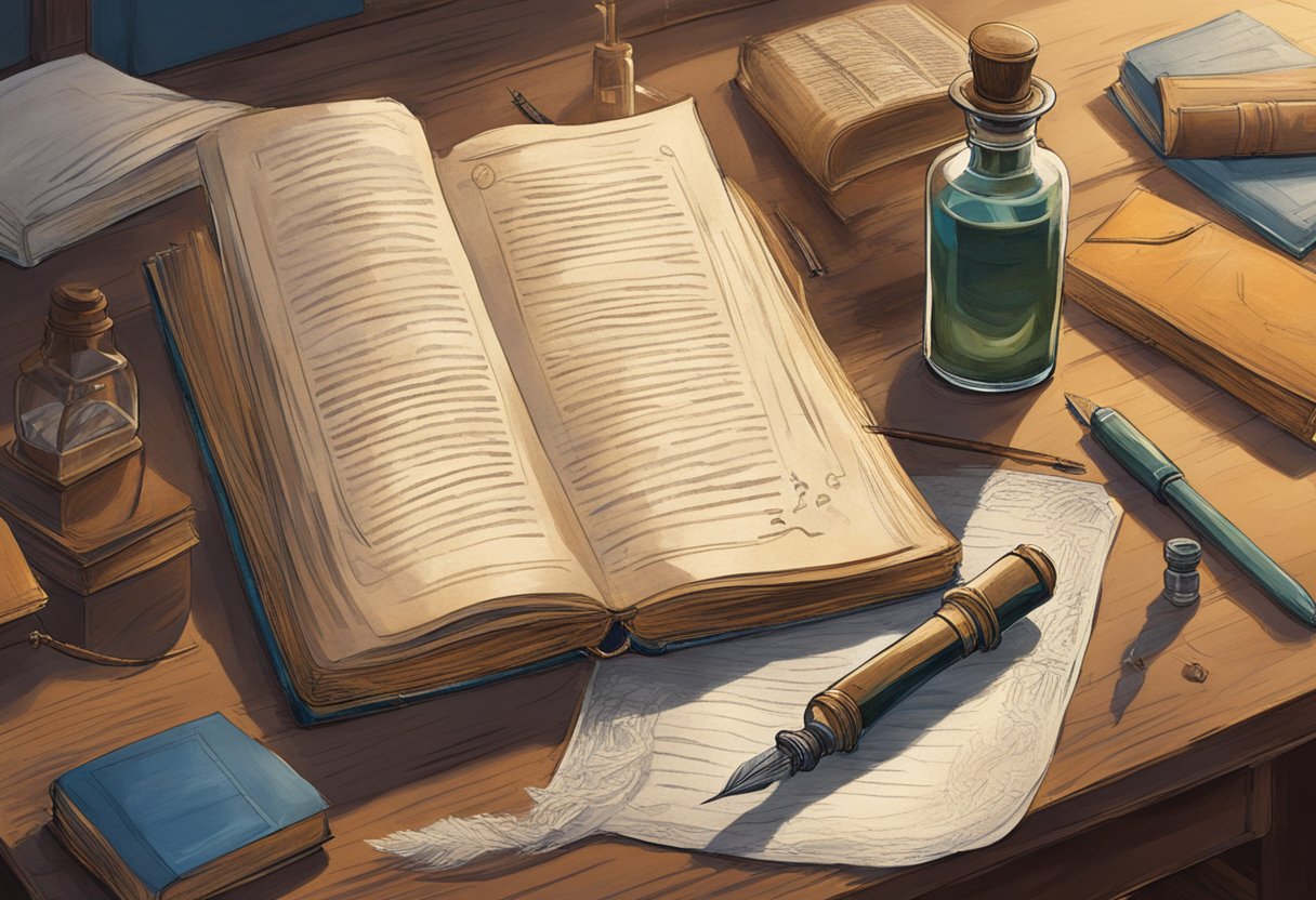 Ginny's name origin: a vintage book with a faded cover, a quill pen, and an ink bottle on a cluttered desk