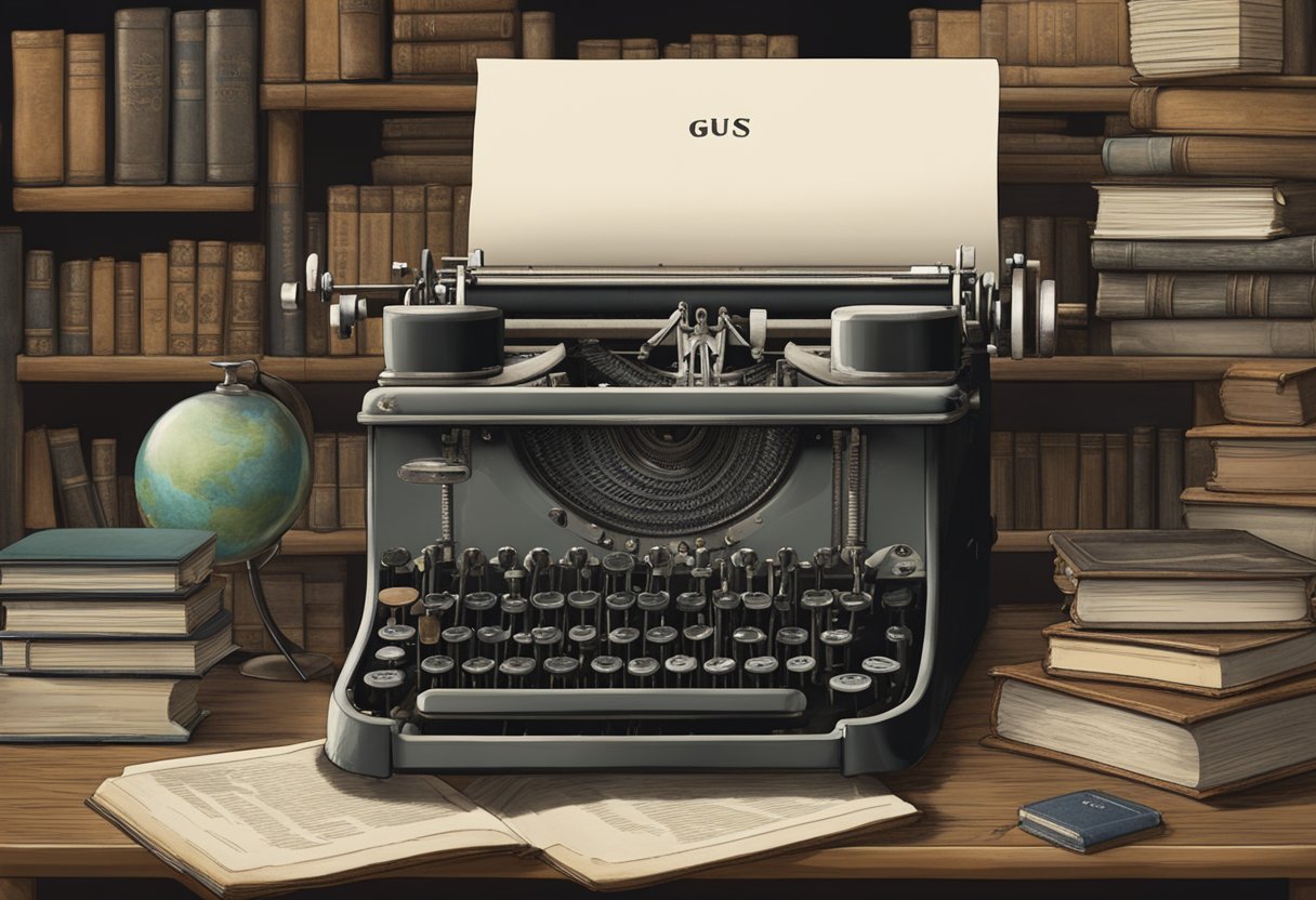 Gus's name origin: a vintage typewriter with "GUS" engraved on its side, surrounded by old books and a faded photograph