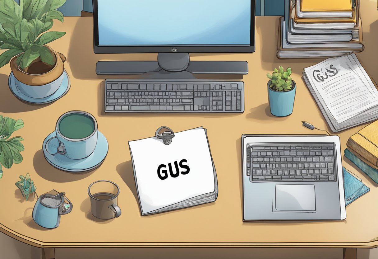 A name tag with "Gus" on a desk, surrounded by books and a computer
