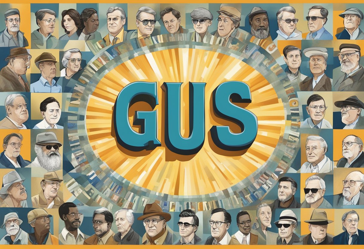A spotlight shines on the name "Gus" in bold letters, surrounded by smaller names of famous individuals