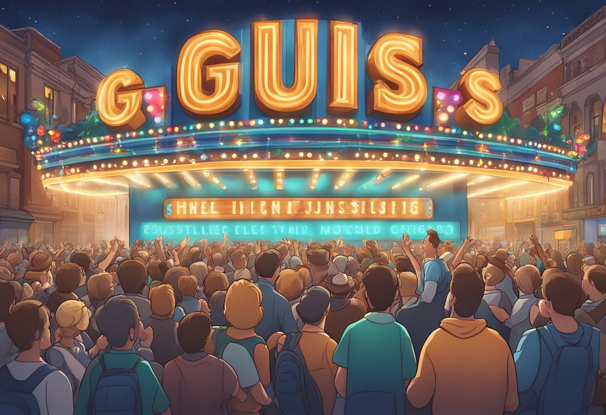 Gus's name is written in bold letters on a marquee, surrounded by bright lights and a crowd of excited fans
