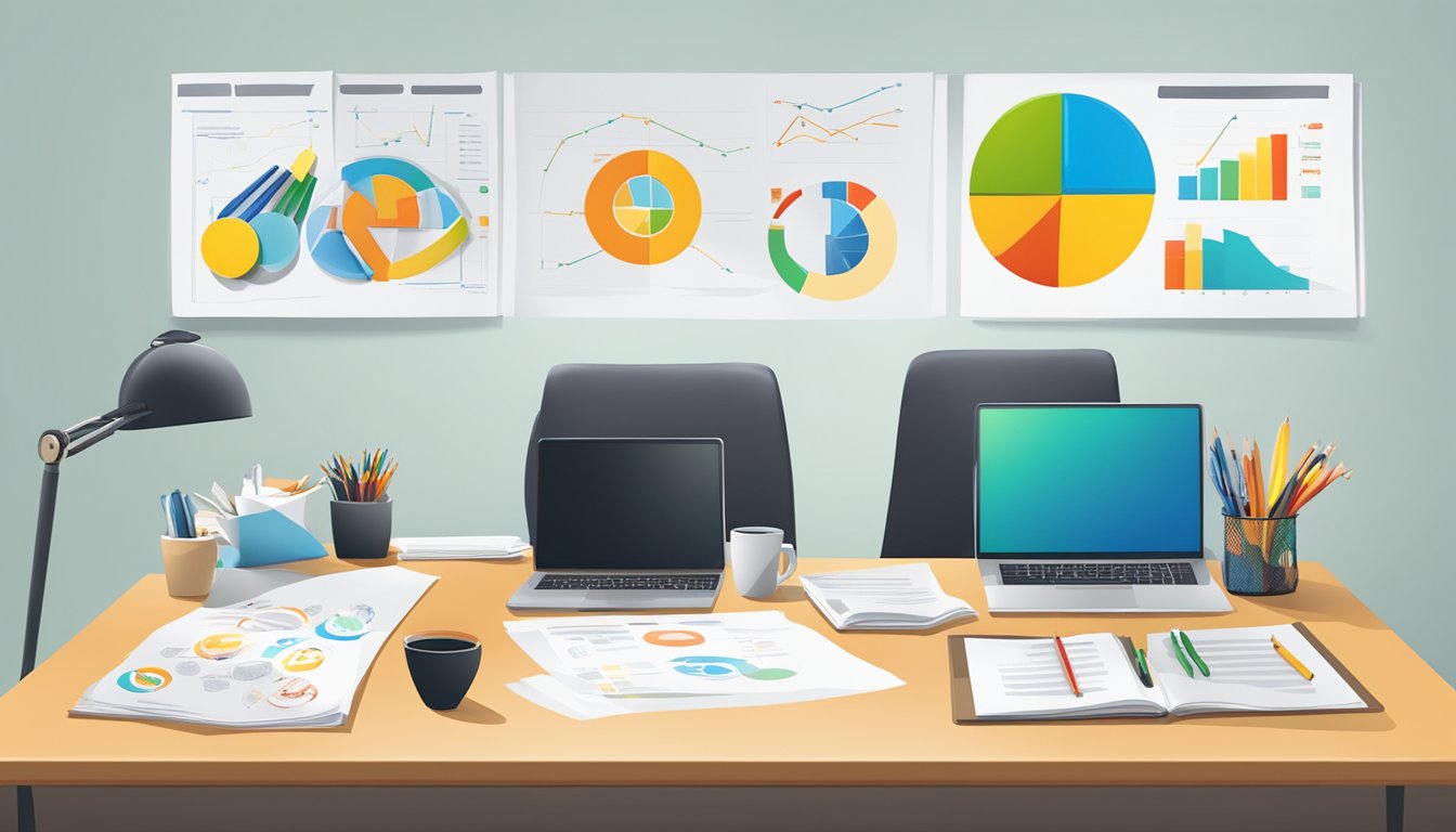 A table with five unique brand logos, a brainstorming session, and a strategy chart on the wall