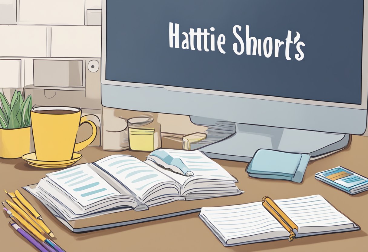 A stack of baby name books surrounded by a computer screen displaying the search query "What is Hattie short for?" with a cup of coffee nearby