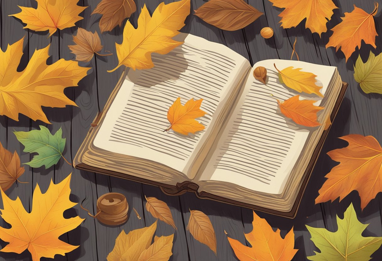 A vintage book with the title "Hattie's Associations What Is Hattie Short For?" lies open on a weathered wooden table, surrounded by scattered autumn leaves