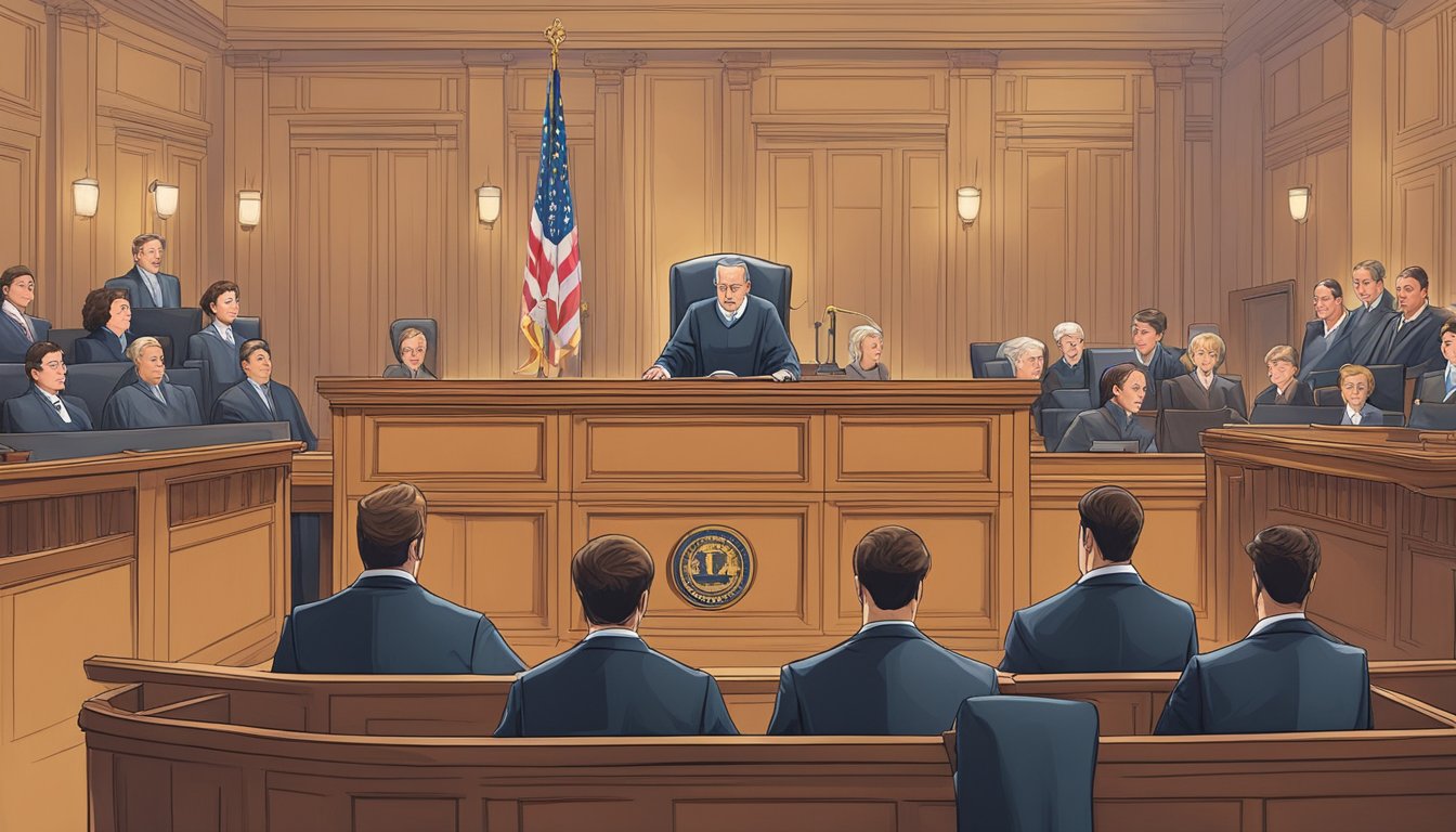 A courtroom with a judge presiding over a case involving a 5-letter brand logo. Lawyers present evidence and argue their positions