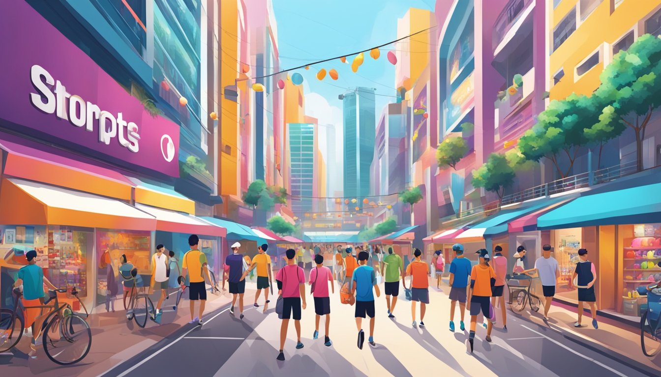 A bustling Singapore street lined with colorful sports brand storefronts, showcasing the latest sportswear trends. Brightly lit displays and vibrant signage attract shoppers