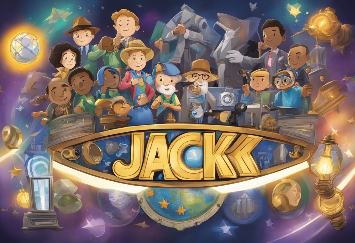 A spotlight shines on a nameplate reading "Jack" surrounded by famous figures and symbols, hinting at the diverse identities and achievements associated with the name