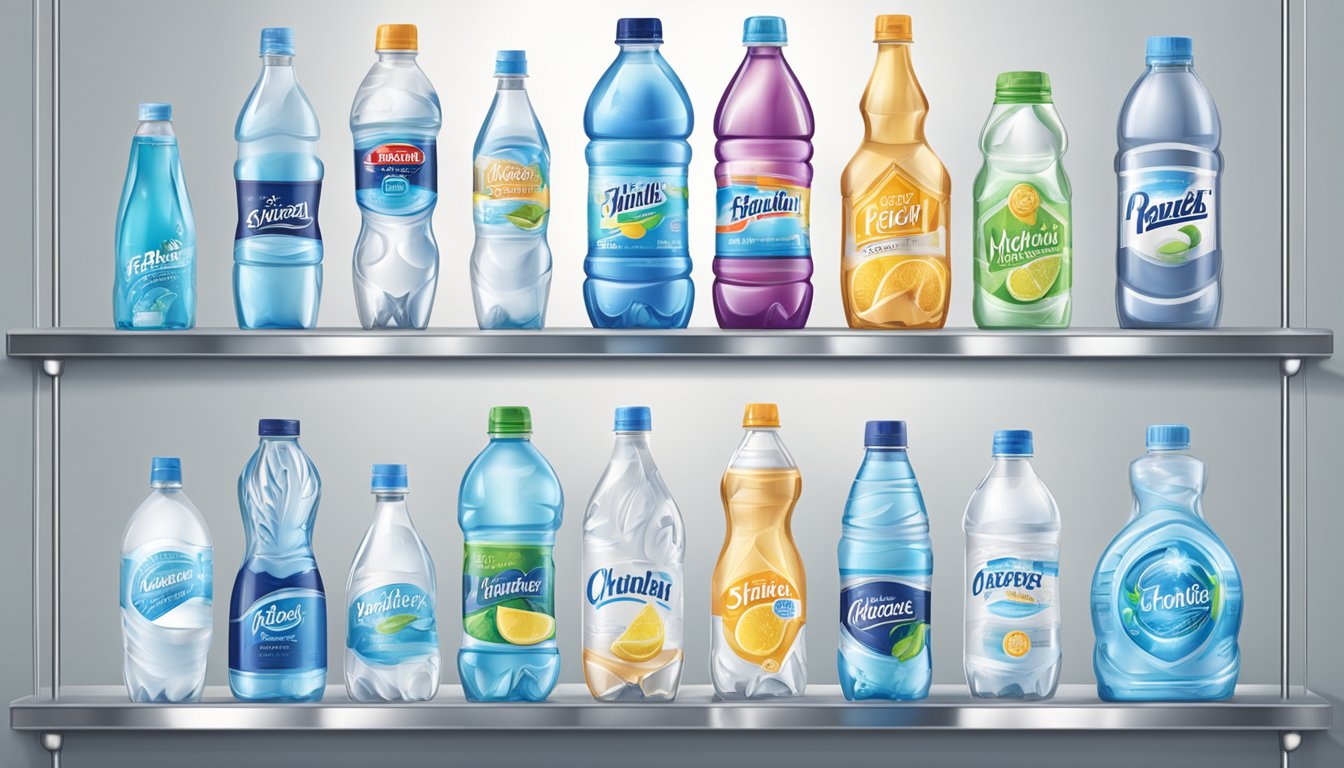 Bottles of various water brands arranged on a shelf, with labels facing forward. Light reflects off the clear plastic, casting a shimmering effect