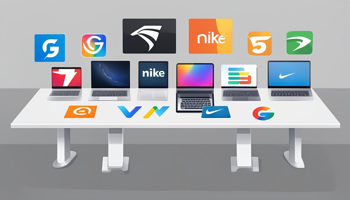 A table with five popular brand logos: Nike, Apple, Google, Amazon, and Tesla. Each logo is clearly displayed and easily recognizable