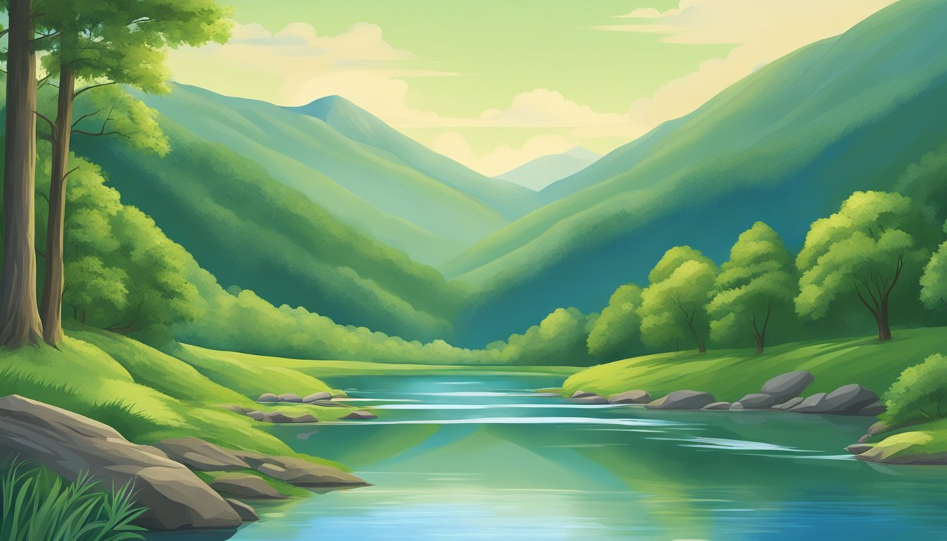 A serene river flowing through lush green mountains, with a clear blue sky reflecting in the water. A label with "Essence of Water" stands out against the natural backdrop