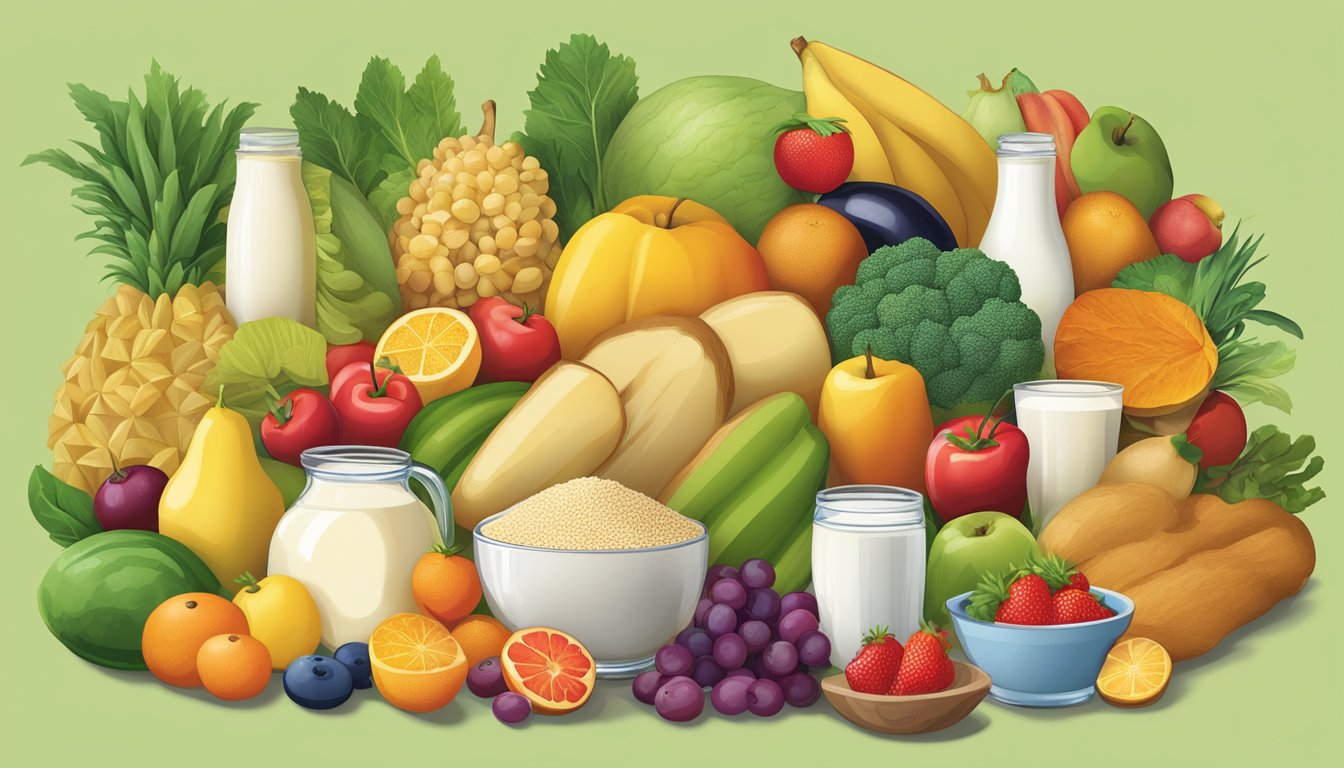 A colorful array of fruits, vegetables, grains, and dairy products arranged in a balanced and varied composition, representing the nutritional profile and benefits of Bear Brand