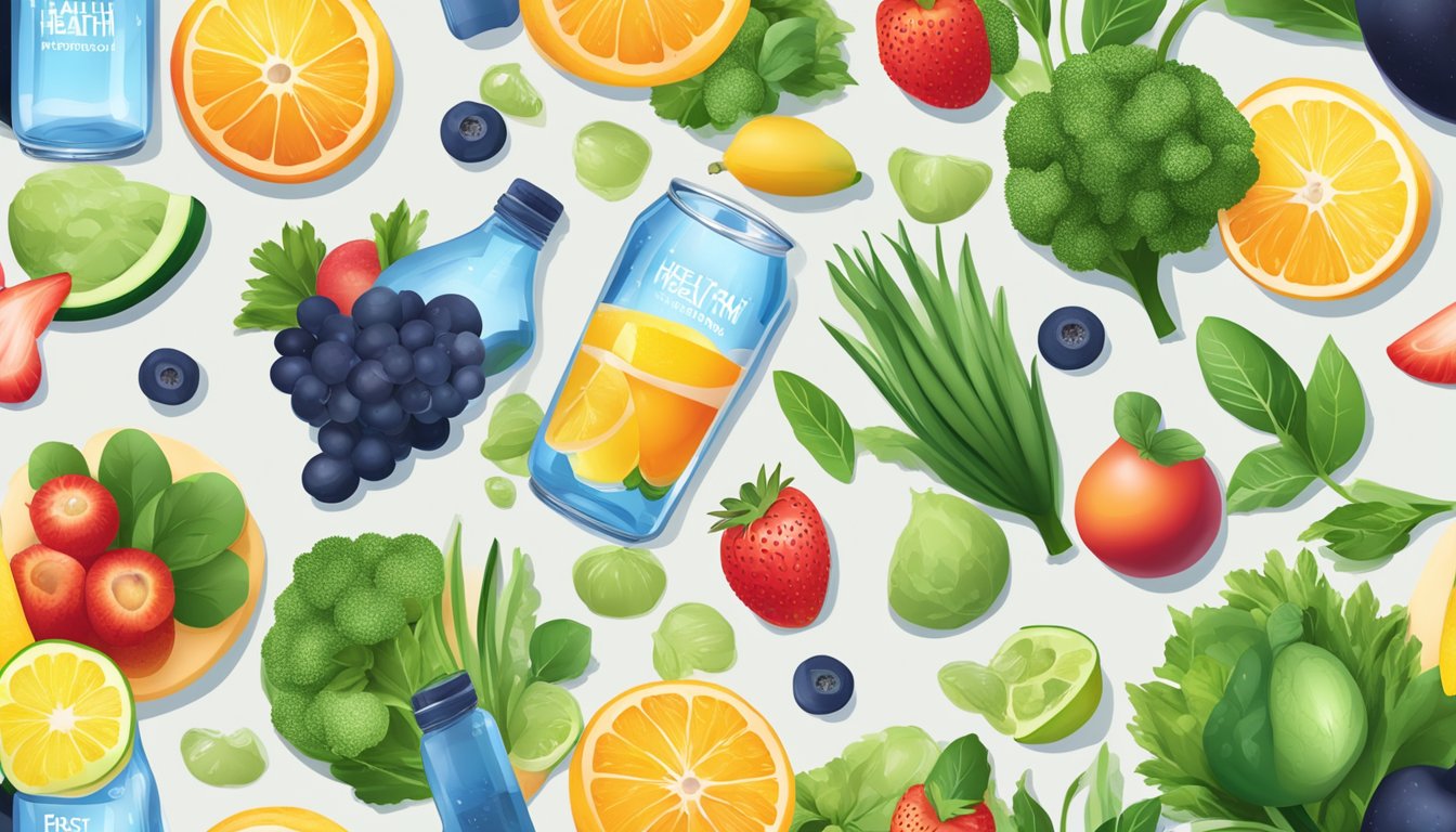 A refreshing glass of water surrounded by vibrant fruits and vegetables, with a clear label showcasing the health and hydration benefits of the water brand