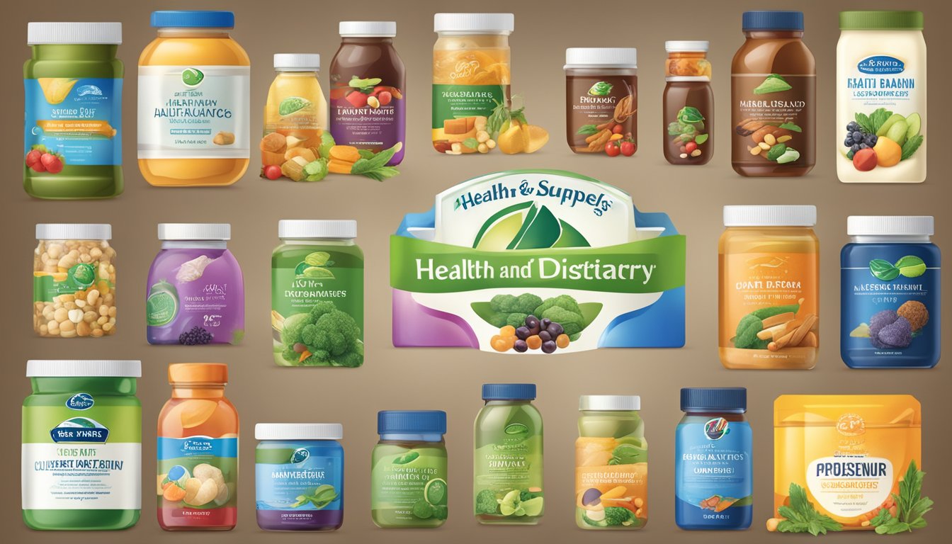 A variety of healthy foods and dietary supplements surround the prominent "Health and Dietary Considerations" bear brand logo