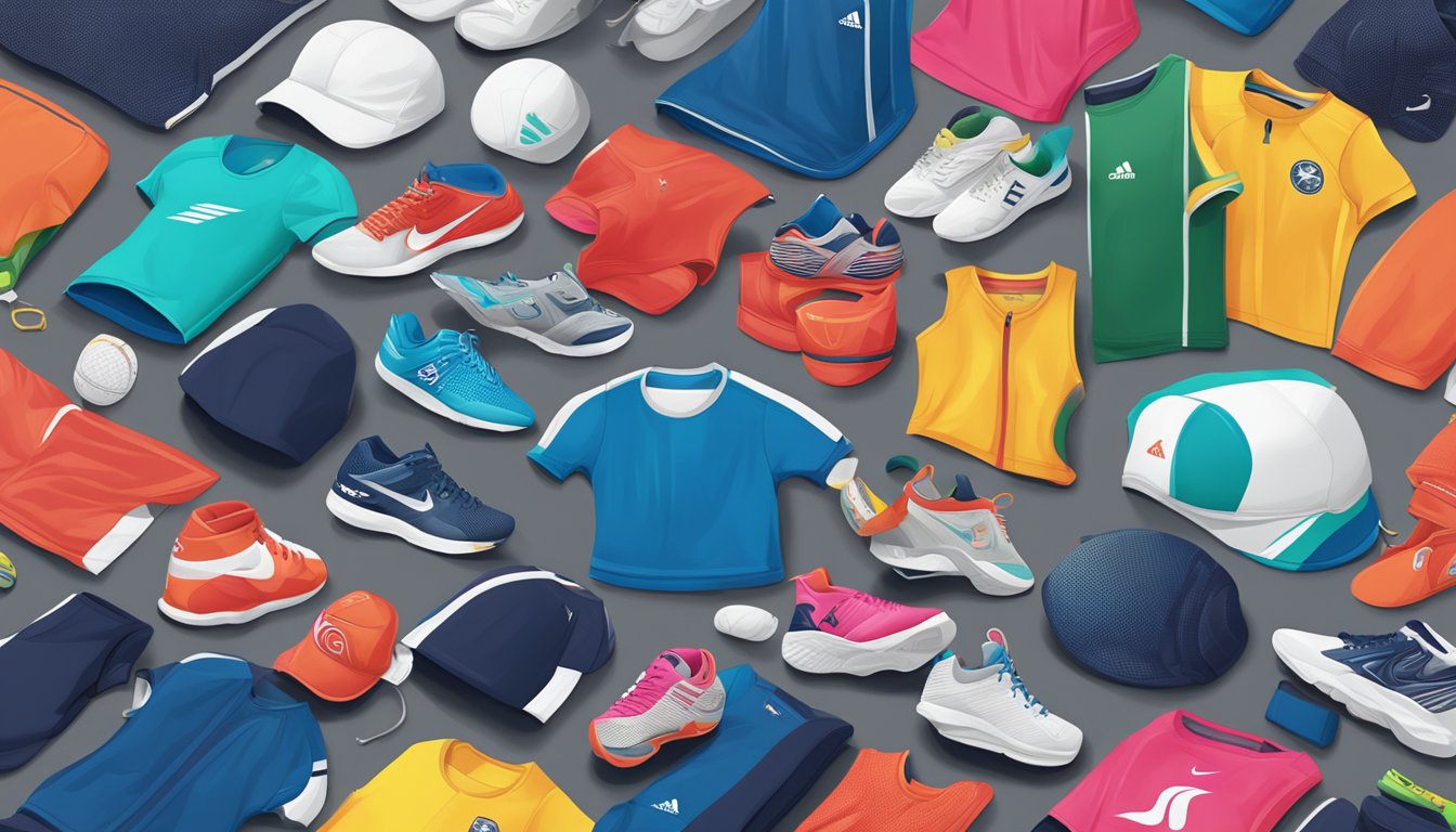 A vibrant display of top sports brands alongside local favorites, showcasing a wide range of athletic wear and equipment in a modern Singaporean setting