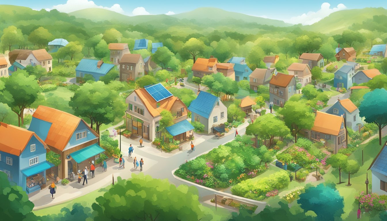 A bustling town surrounded by lush greenery, with people and wildlife coexisting harmoniously. Various sustainable practices, such as recycling and renewable energy sources, are evident throughout the community