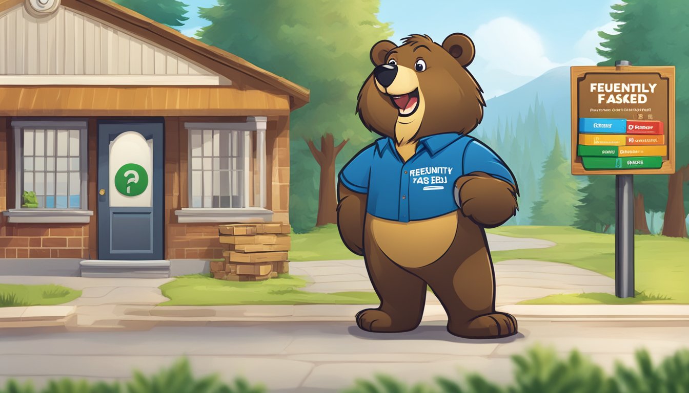 A bear mascot stands next to a sign reading "Frequently Asked Questions" with the brand logo. The bear appears friendly and approachable, ready to assist customers
