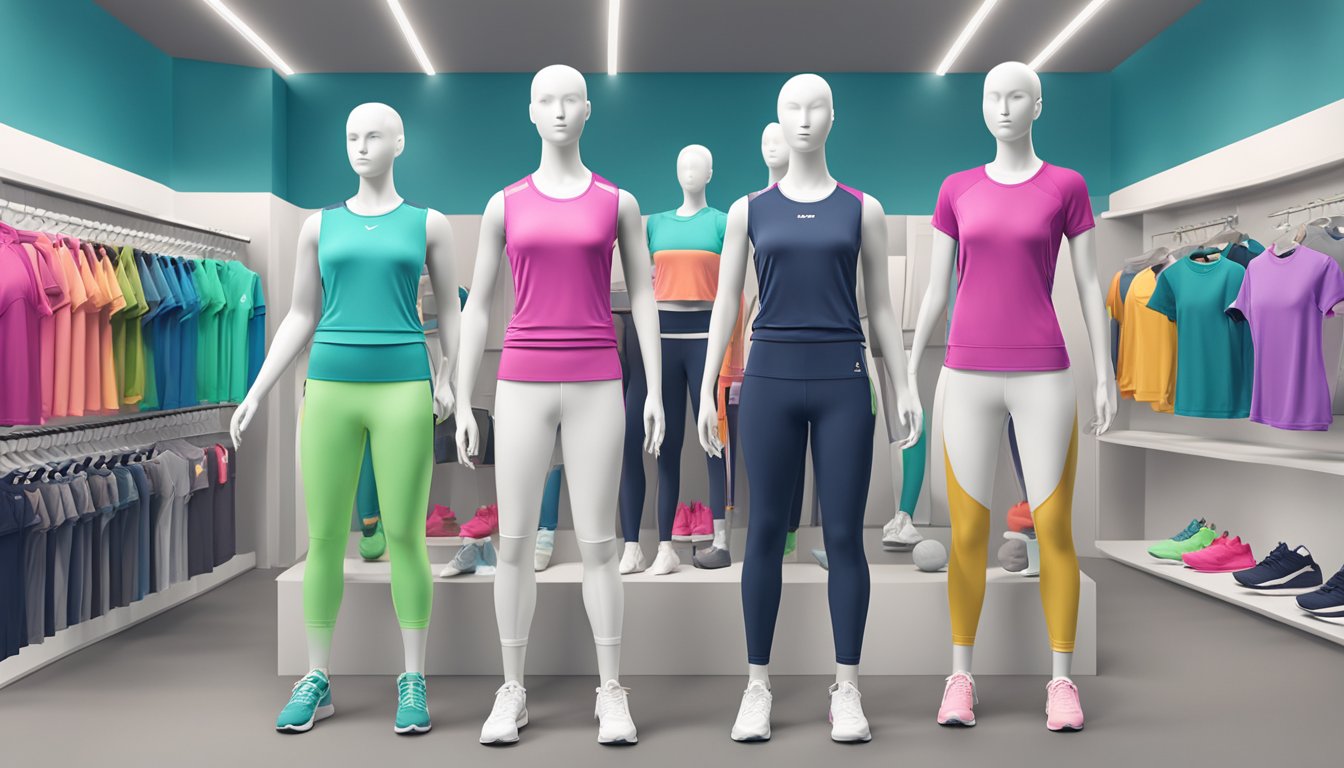Women's activewear choices displayed in a Singapore sports brand store. Various styles and colors of athletic clothing on shelves and mannequins