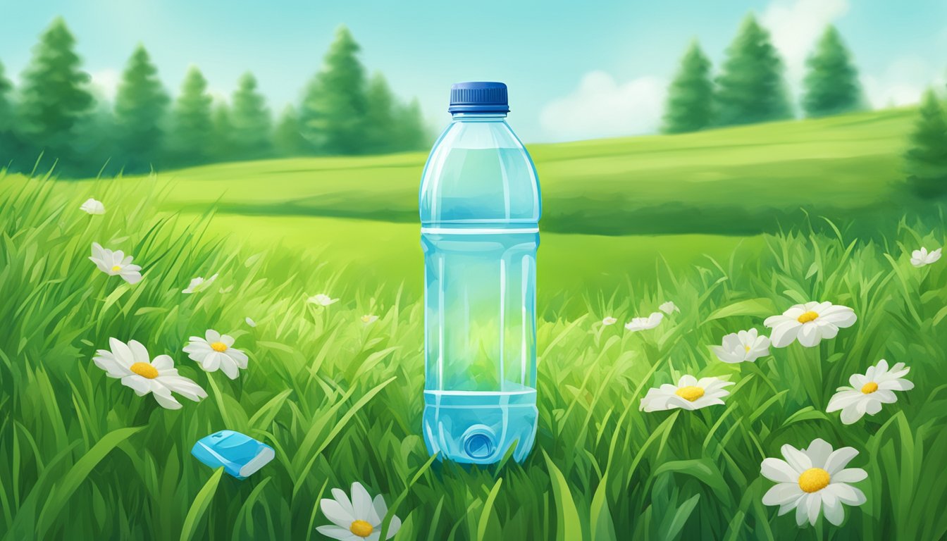 A clear plastic water bottle sits on a lush green grass field, surrounded by recyclable packaging materials and a recycling bin