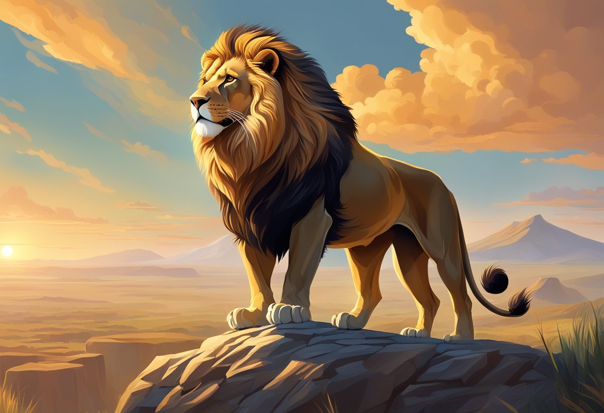 A triumphant lion stands atop a rocky cliff, overlooking a vast savanna. The setting sun casts a golden glow, symbolizing victory