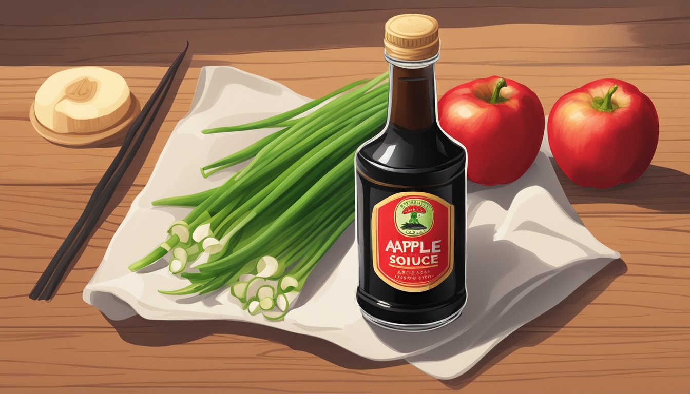 A bottle of Apple brand soy sauce sits on a wooden table, surrounded by freshly cut green onions and a small dish of red chili peppers
