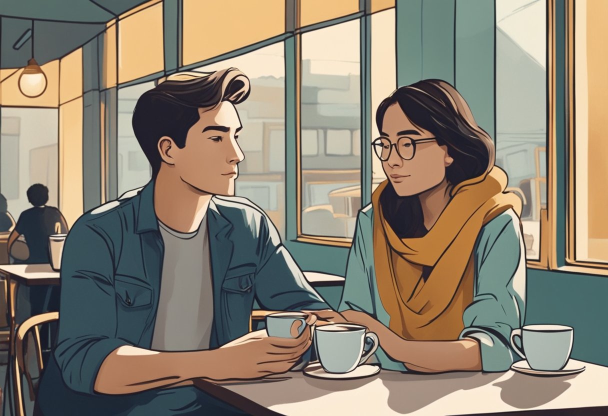 Two people meet at a cafe, one shyly glancing at the other. A cup of coffee sits on the table, steam rising from it. A sense of anticipation fills the air