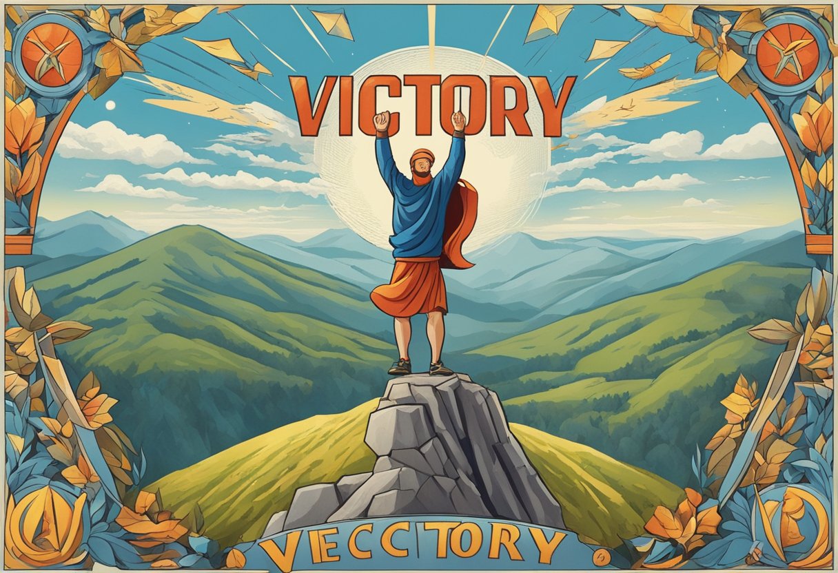 A triumphant figure stands atop a mountain, surrounded by symbols of victory and triumph. The name "Victory" is written in bold letters above the scene