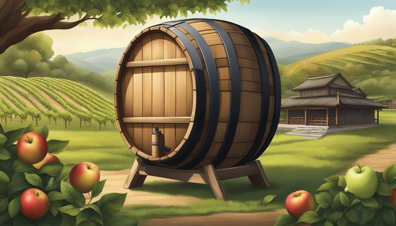A rustic wooden barrel labeled "Heritage of Apple Brand" soy sauce, surrounded by apple orchards and a traditional Asian-style soy sauce production facility