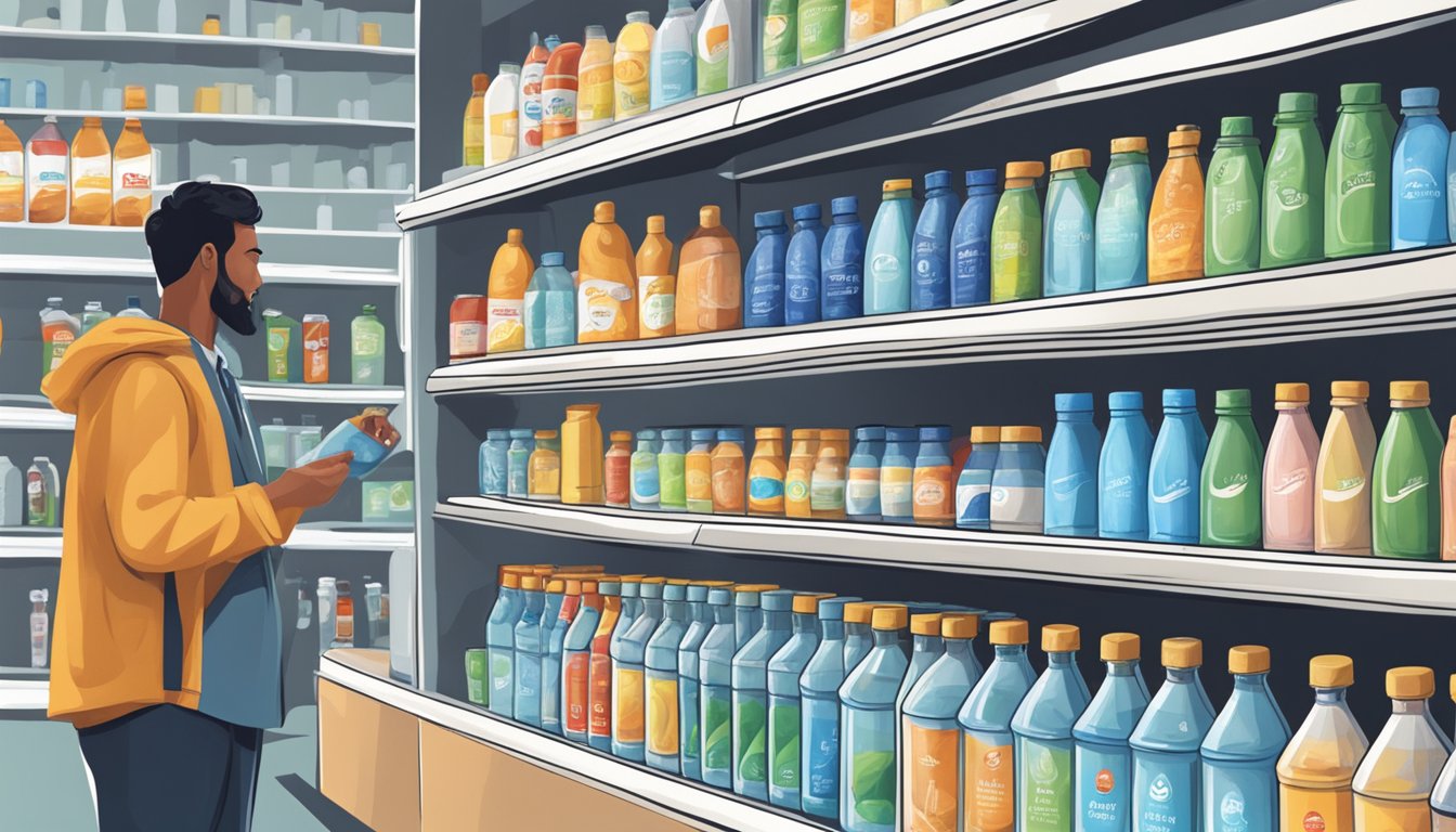 A person comparing various water brands on a store shelf