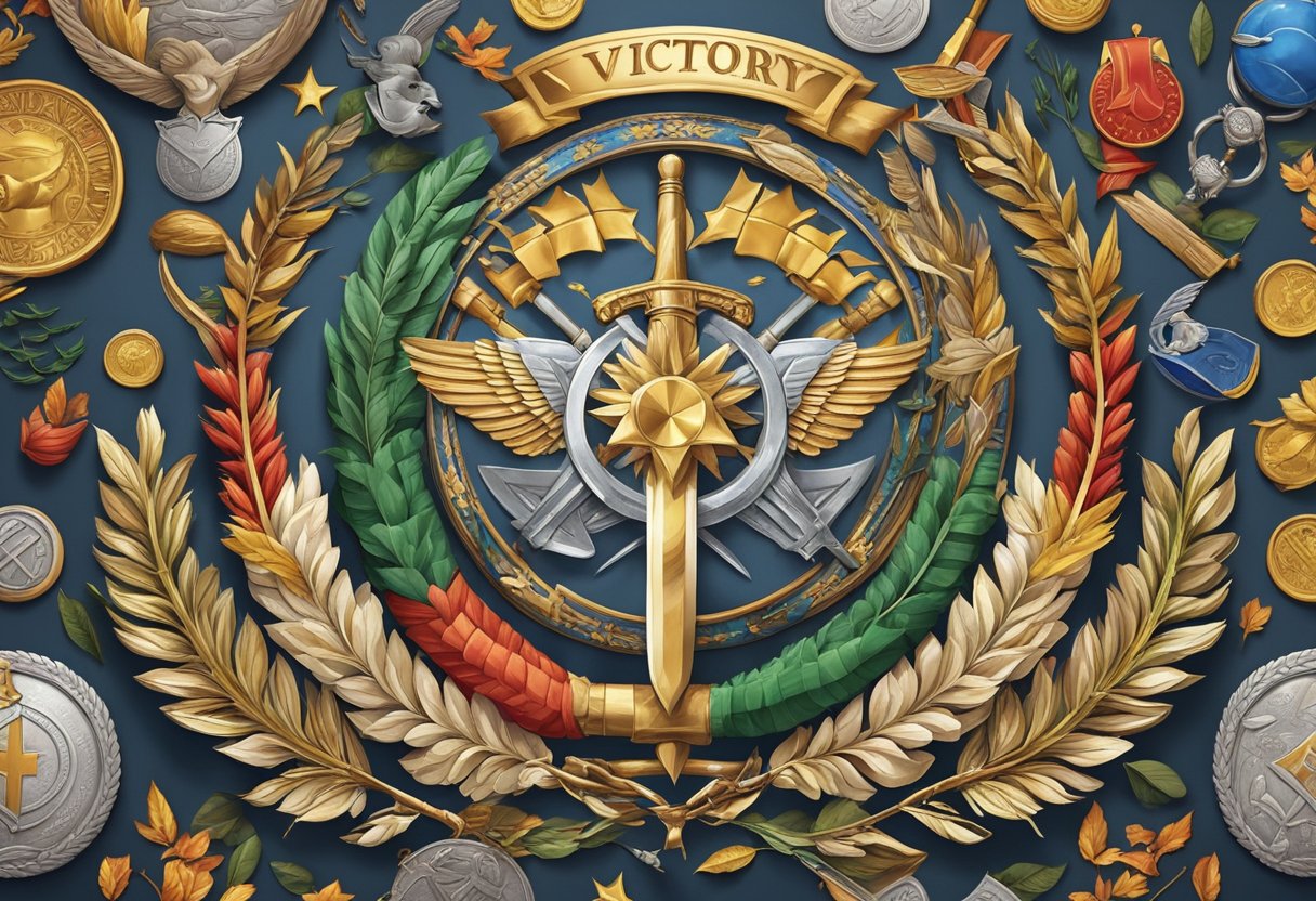 A diverse array of cultural symbols representing victory, such as laurel wreaths, swords, and flags, are arranged in a dynamic composition