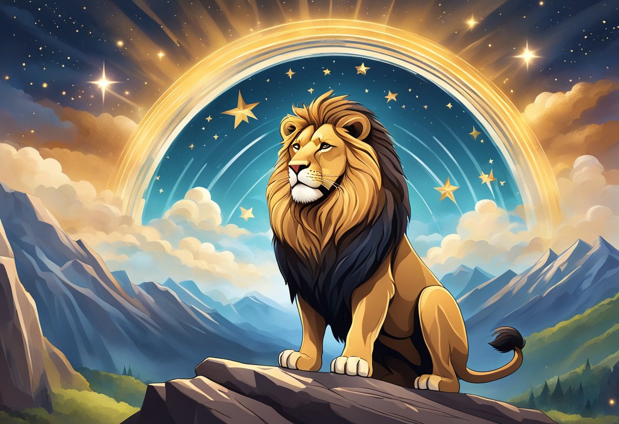 A triumphant lion stands atop a mountain, surrounded by a circle of shining stars. The word "victory" is written boldly in the sky