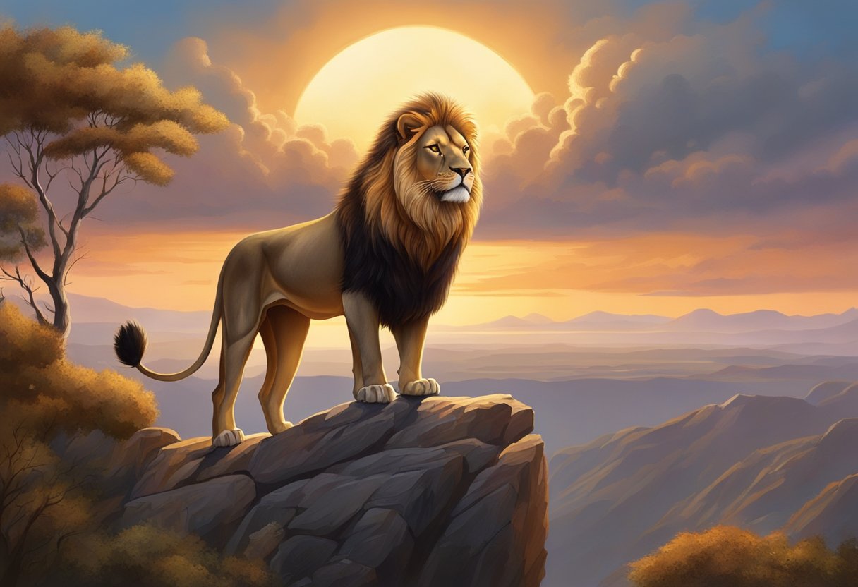 A triumphant lion stands atop a rocky cliff, gazing out over a vast, victorious landscape. The sun sets in the background, casting a warm glow over the scene