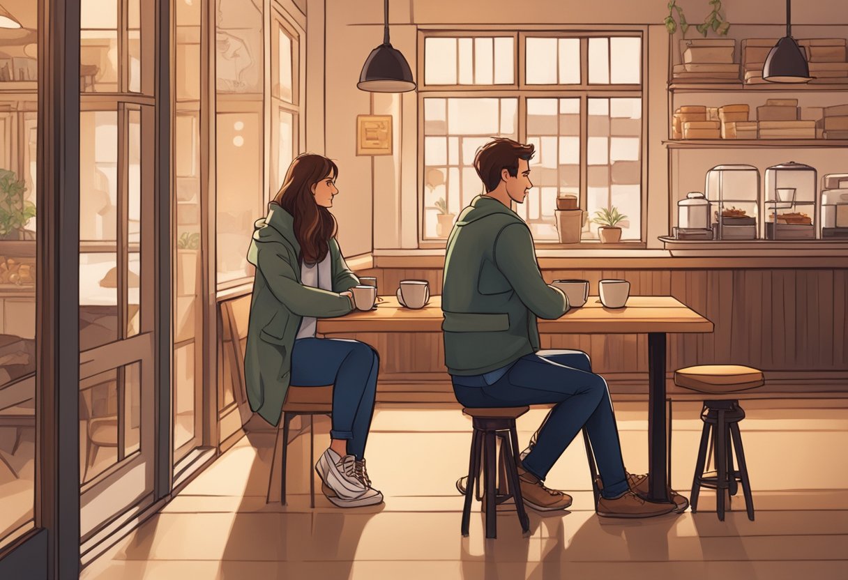 A couple stands facing each other, with hesitant smiles and a hint of longing in their eyes. The setting is a cozy coffee shop, with soft lighting and a warm atmosphere