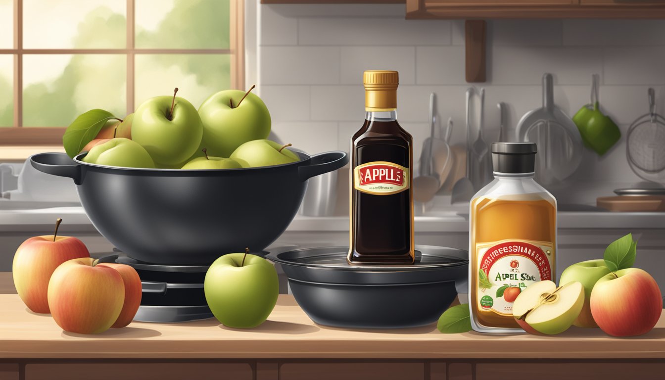 A bottle of Apple Brand soy sauce sits on a kitchen counter, surrounded by fresh apples and a sizzling pan