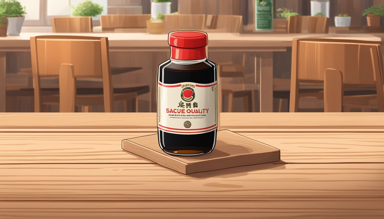 A bottle of apple brand soy sauce sits on a wooden table, with a label that reads "Ensuring Quality." The sauce is a rich, caramel color, and the bottle is sealed with a red cap