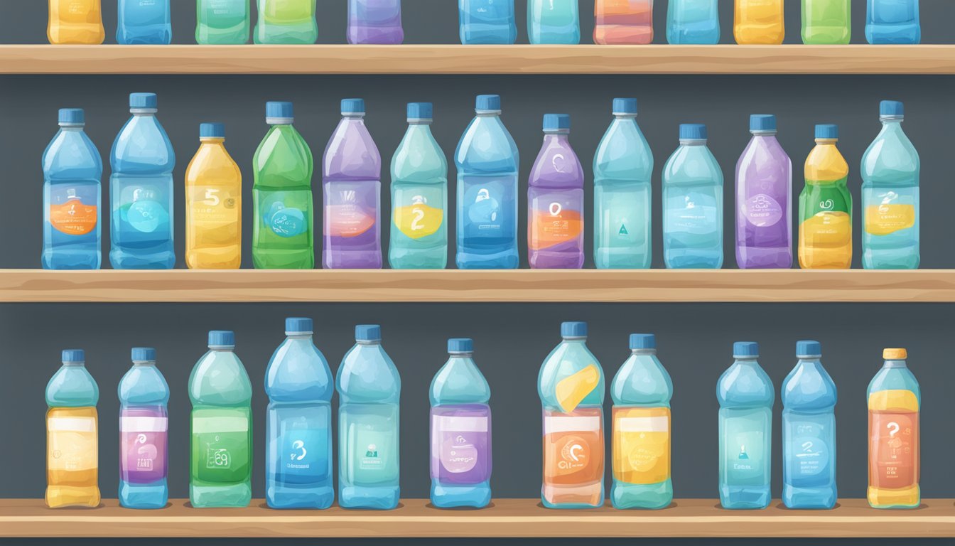 Bottles of water with "Frequently Asked Questions" labels on a shelf