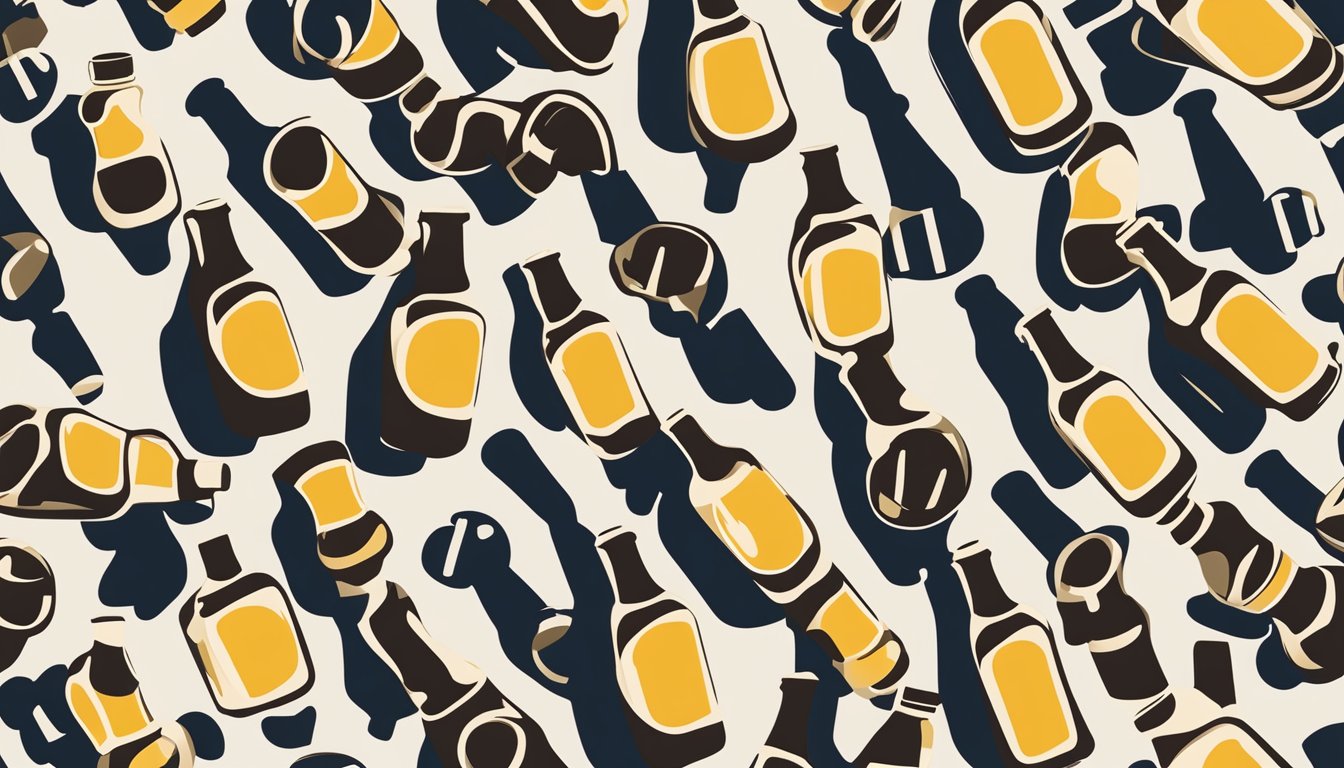 A bottle of apple brand soy sauce surrounded by floating question marks