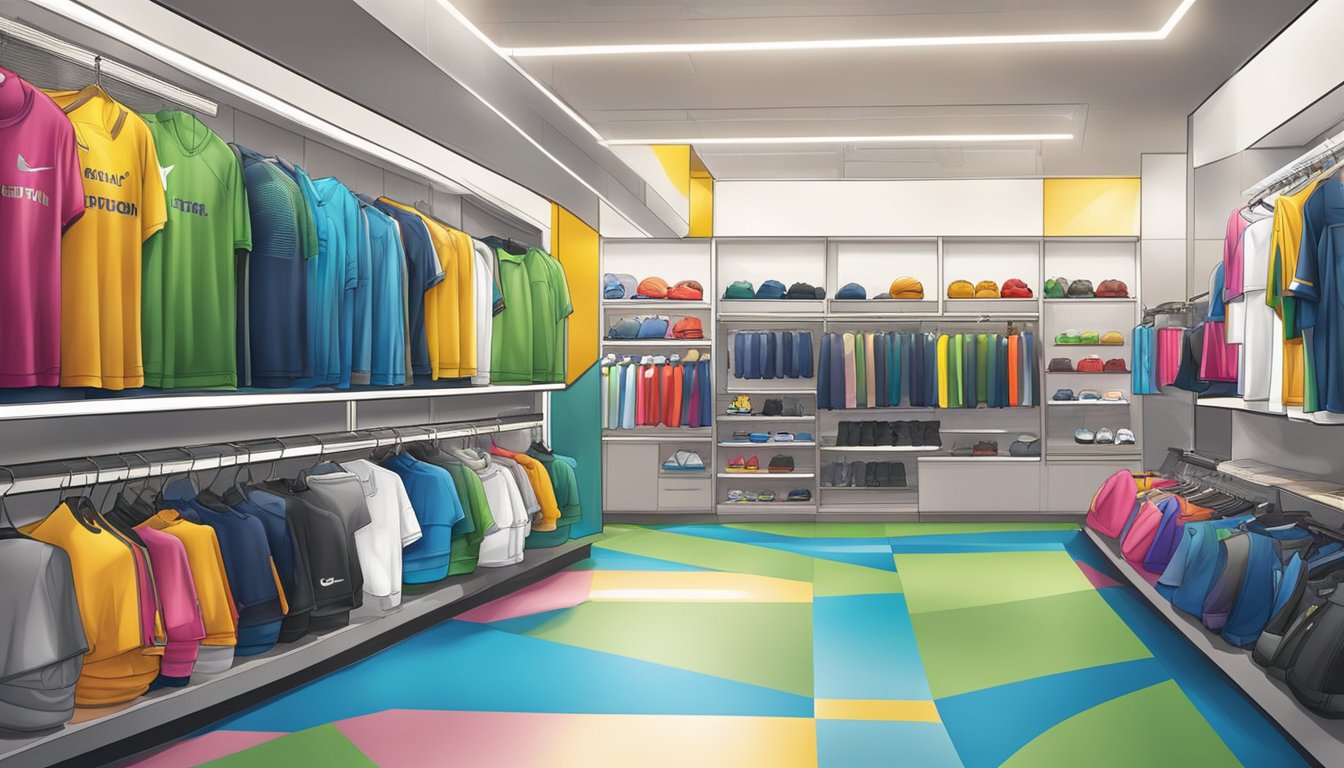 A display of Specialty Sports Apparel and Accessories in a vibrant store setting in Singapore