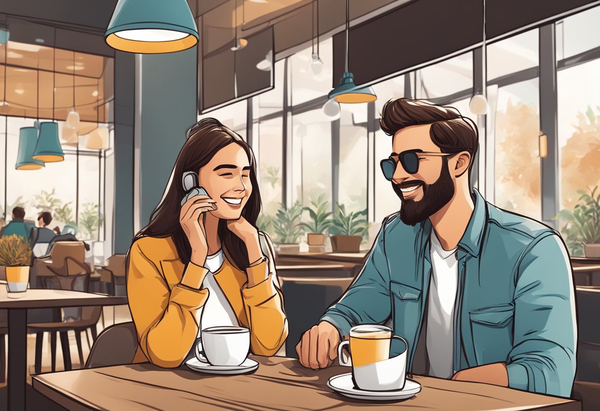 A couple sits at a cafe, exchanging glances and smiles. A phone sits on the table, buzzing with notifications. A sense of anticipation fills the air