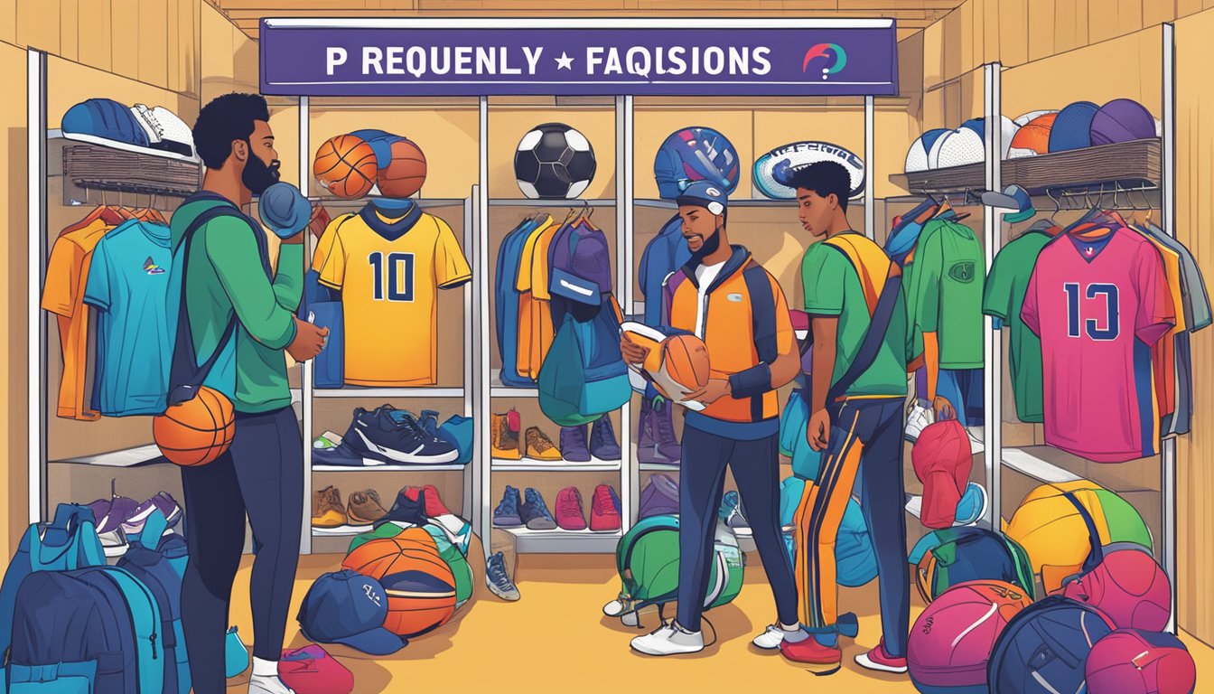 A group of people browsing through a colorful display of sports gear with the "Frequently Asked Questions" logo prominently featured