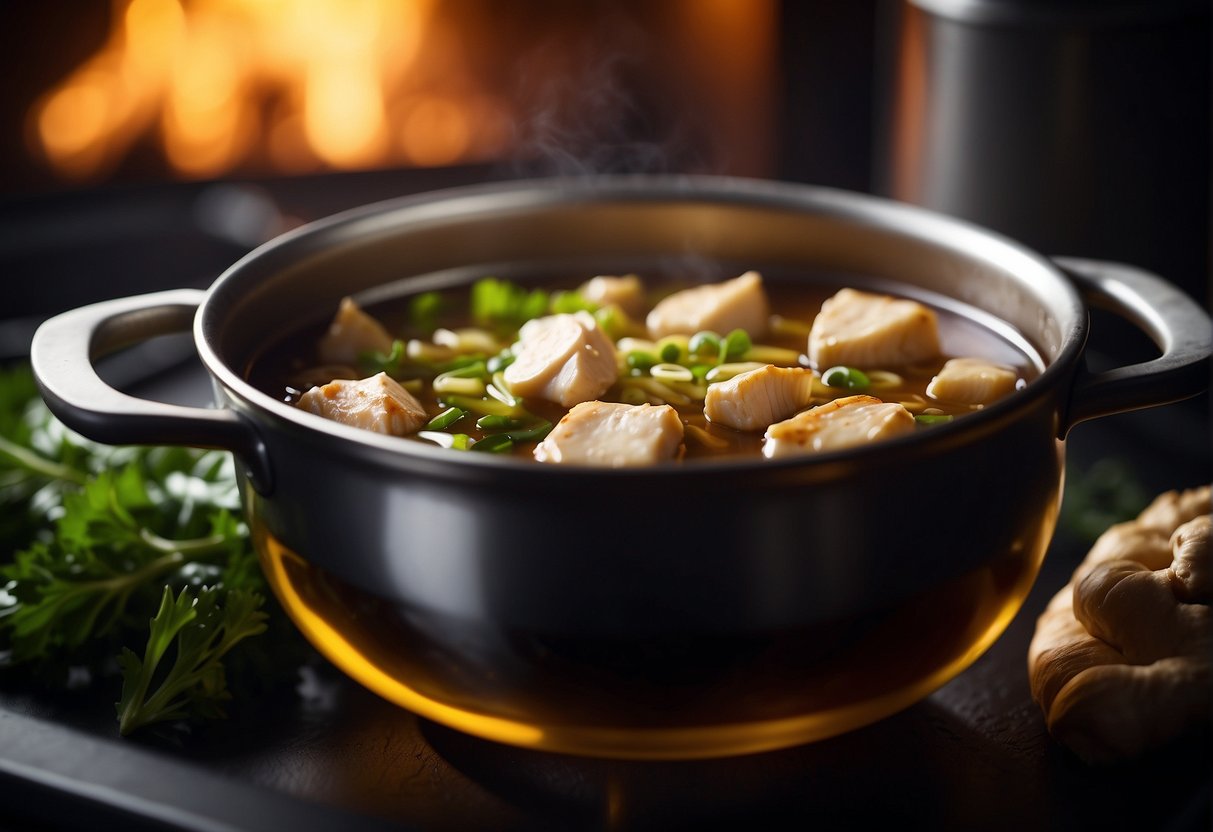 A pot simmering with soy sauce, ginger, and garlic. Chicken pieces cooking in the savory liquid, infusing with rich, deep flavors