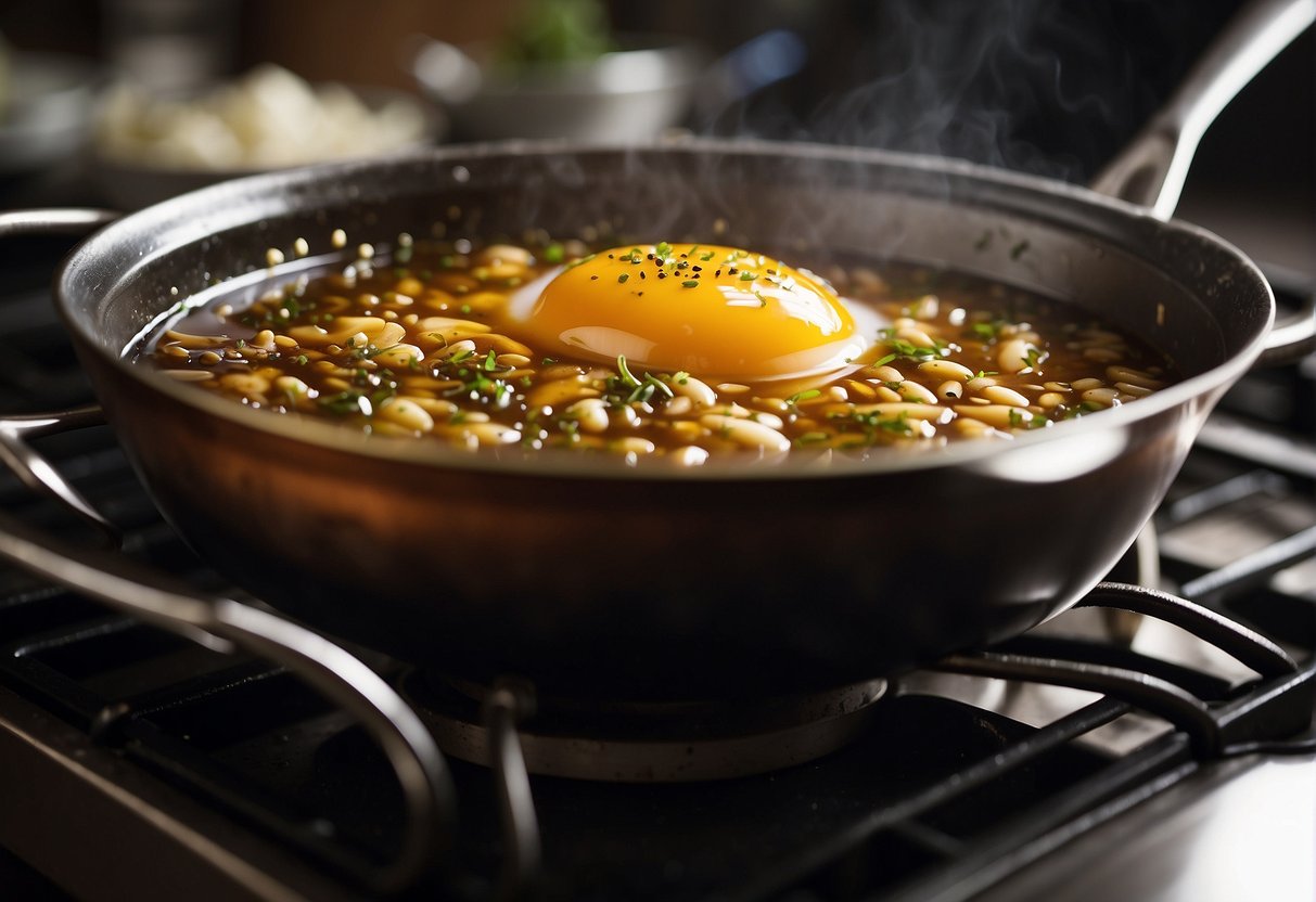 A pot simmering with soy sauce, water, and spices. Eggs gently placed inside, cooking and marinating in the savory liquid