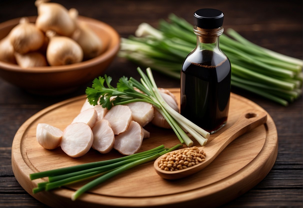 A bottle of Chinese soy sauce, a raw chicken, garlic cloves, ginger, and green onions laid out on a wooden cutting board
