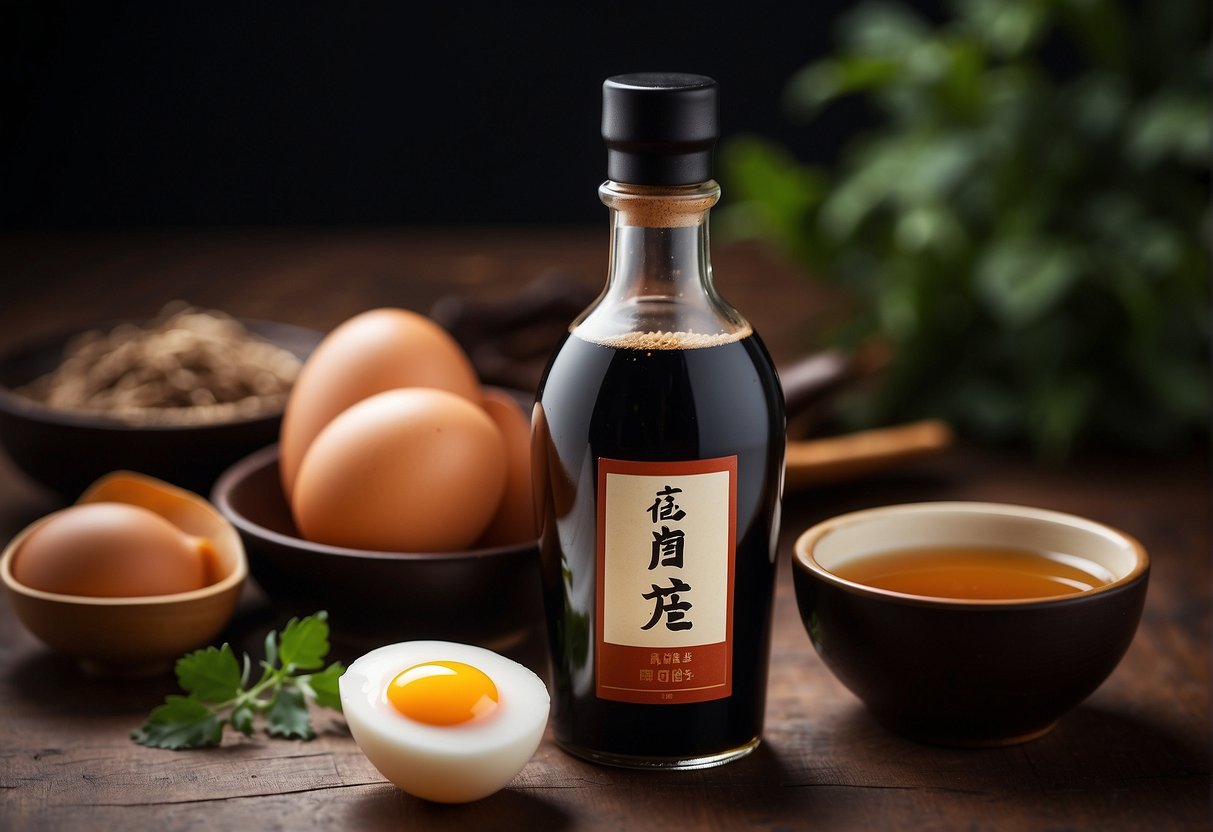 A bottle of Chinese soy sauce, a cracked egg, and a bowl for mixing