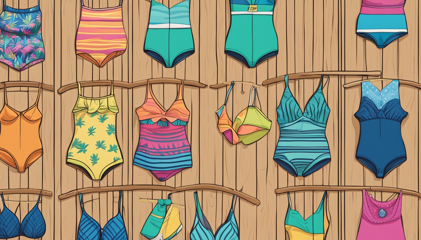 A beach with colorful Australian swimwear brands displayed on a wooden rack with palm trees in the background