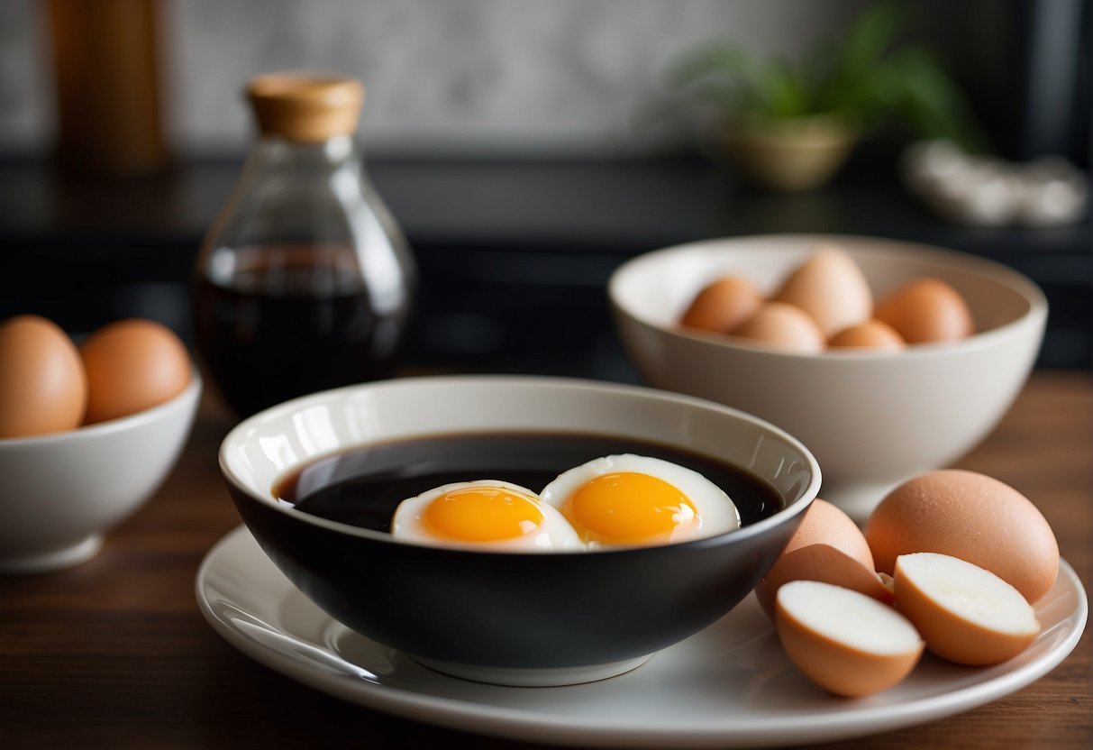 A bowl of soy sauce, eggs, ginger, and garlic on a kitchen counter. A pot of boiling water and a plate for serving nearby