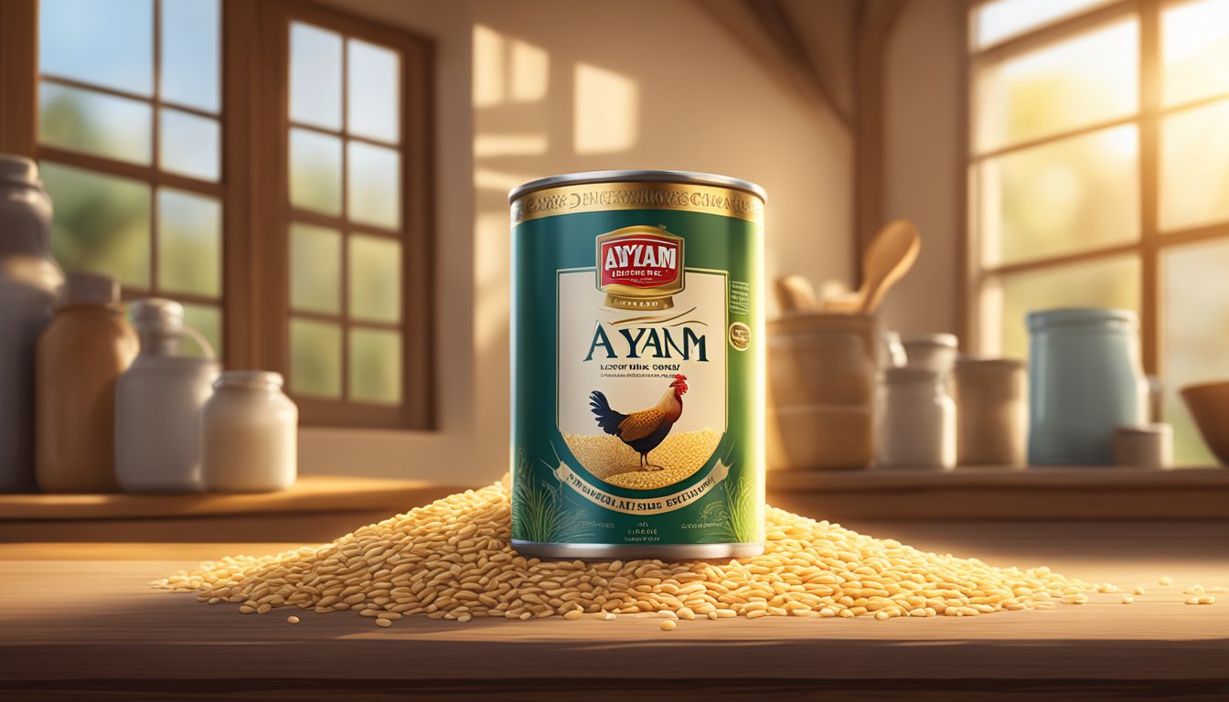 A can of Ayam Brand barley sits on a wooden table, surrounded by scattered barley grains and a rustic spoon. Sunlight filters through a nearby window, casting a warm glow on the scene