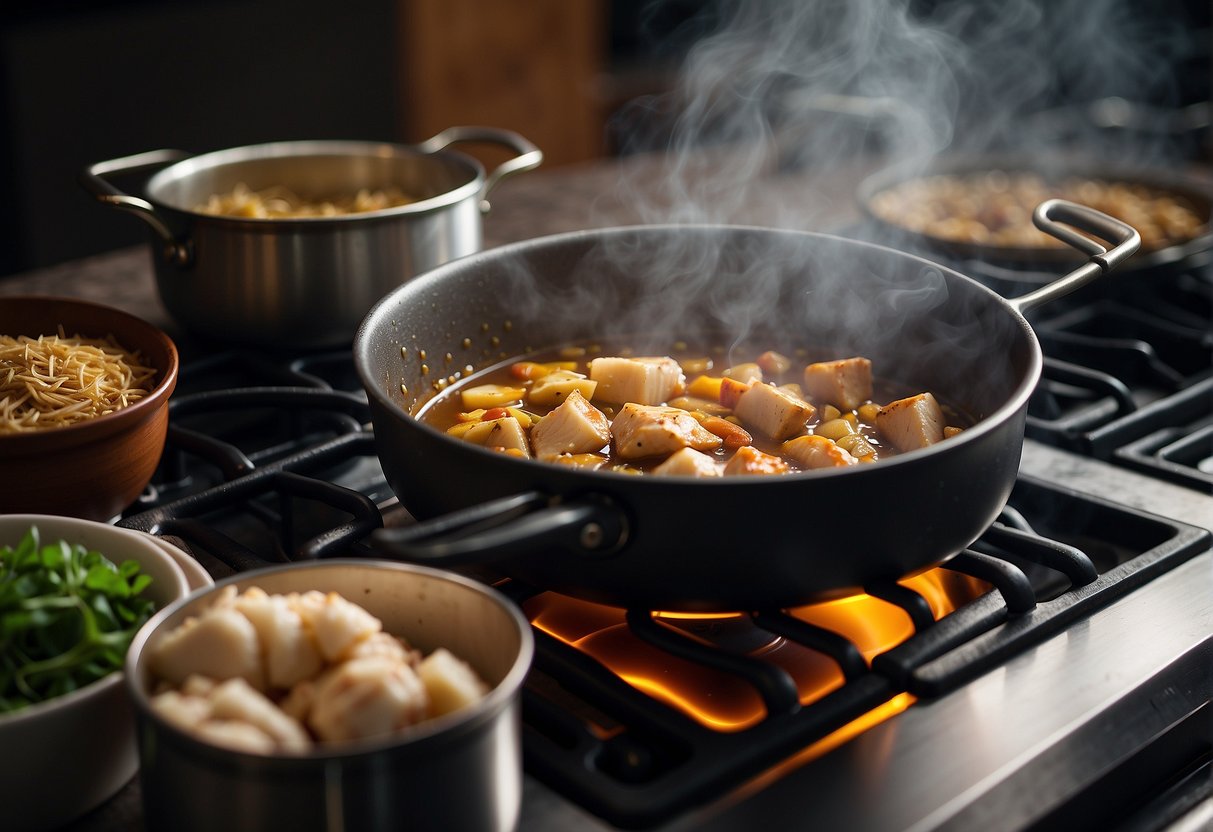 A pot simmering on the stove with chicken pieces, soy sauce, ginger, garlic, and star anise. Steam rises, filling the kitchen with savory aroma