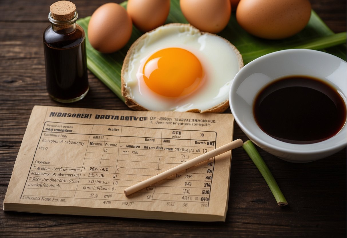 A bottle of Chinese soy sauce beside a bowl of eggs, with a notepad showing nutritional information